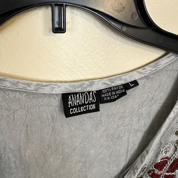 Anandas Womens Embroidered Boho Tunic Top Long Sleeves Rayon Large Grey - Picture 2 of 11
